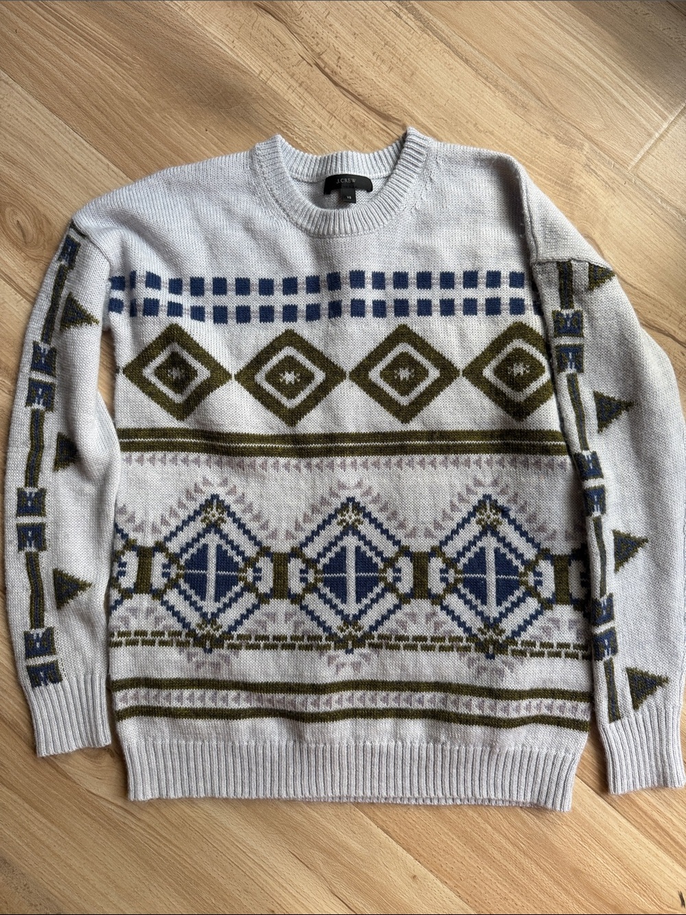 J Crew wool blend Geometric Pattern Crewneck Sweater - Gray/Navy/Olive